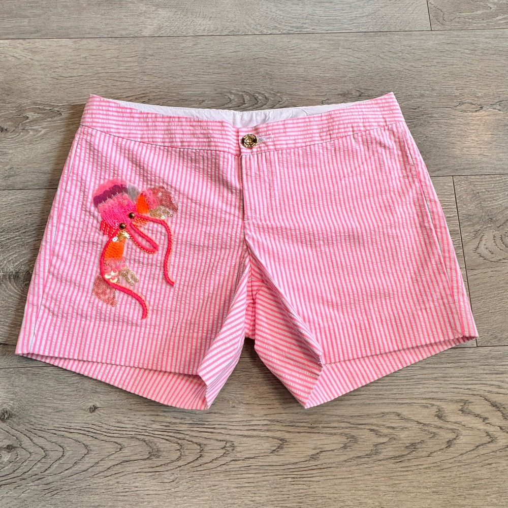 Lilly Pulitzer Seersucker Callahan Shorts Lobster Applique Pink Cosmo‎ Striped 0